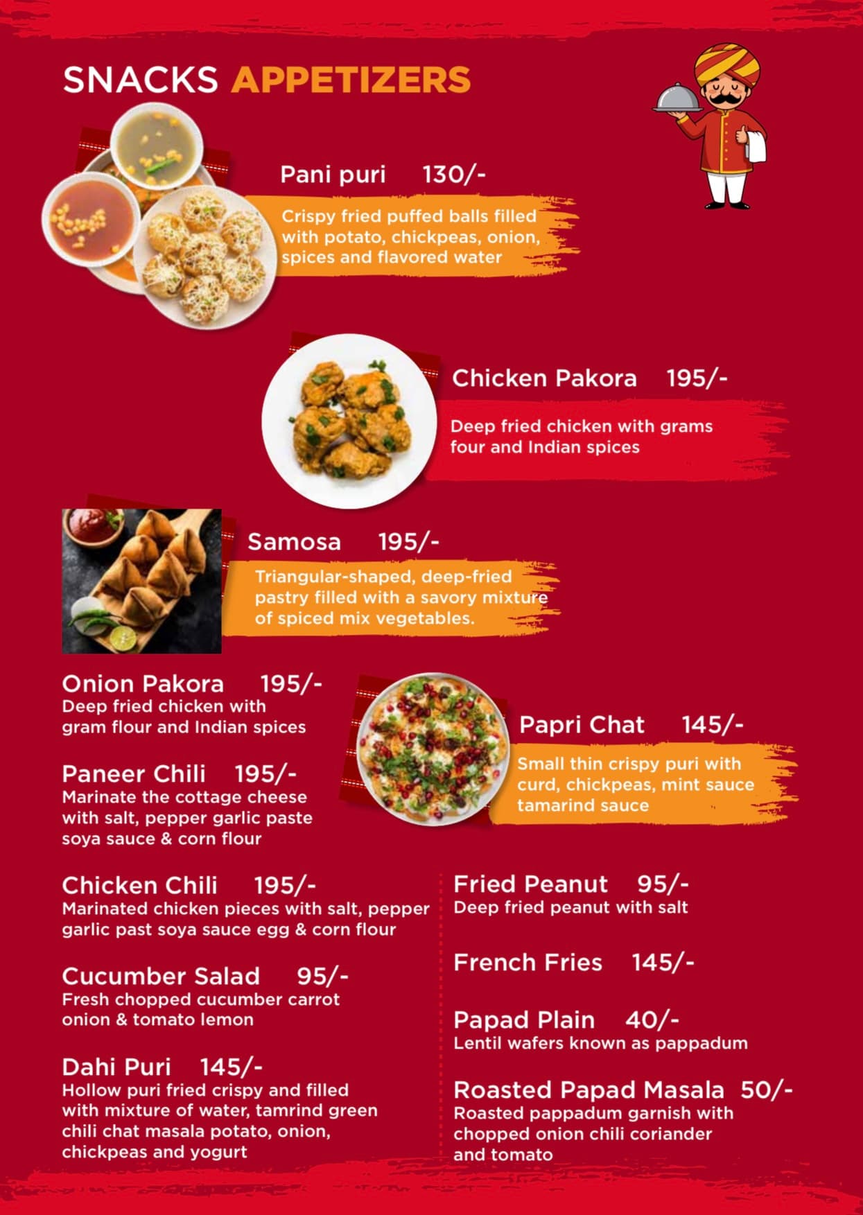 Menu page: Snacks and appetizers — chaat and fried snacks