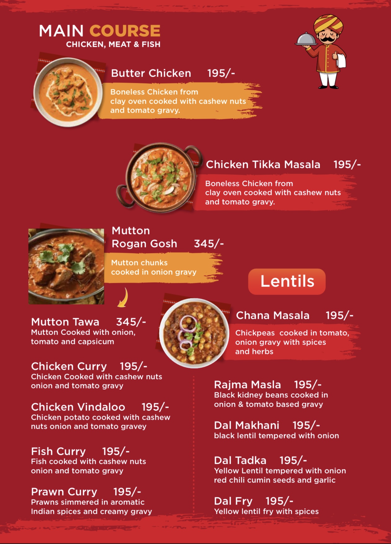 Menu page: Main course — chicken, meat, fish and lentils